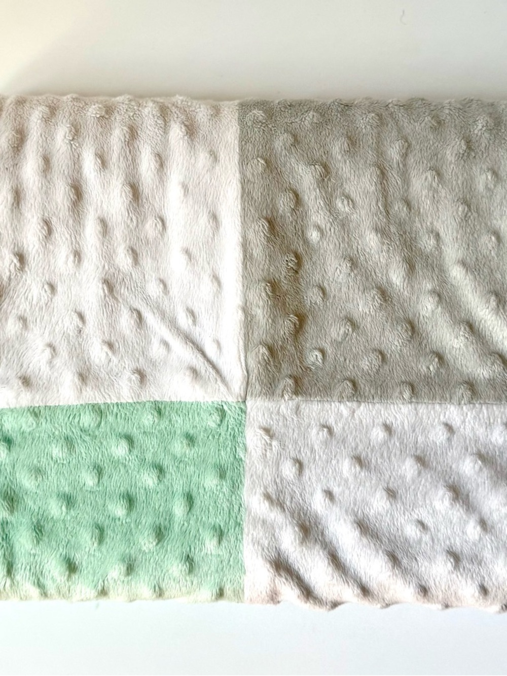 Circo Baby Blanket White Gray Green Yellow Blue Patchwork Minky Satin Trim